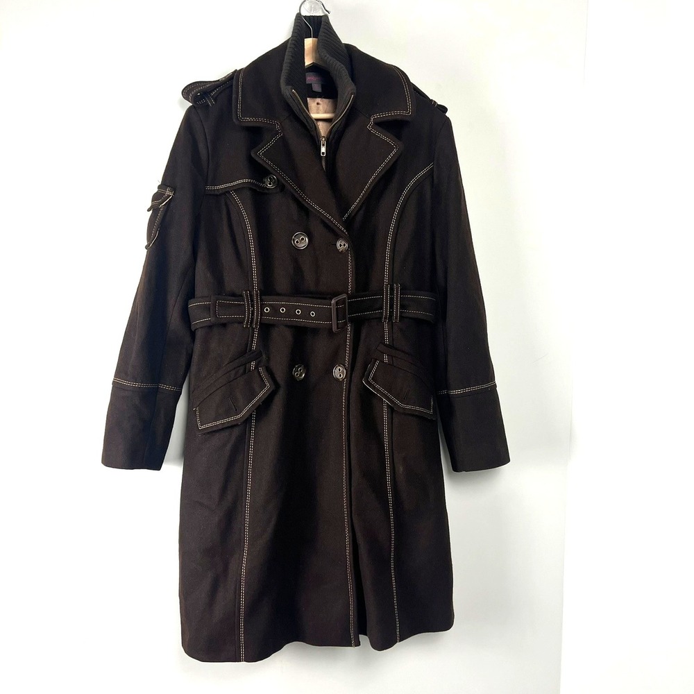 Vtg Brown Wool Blend Double Breasted Belted Trench Coat XL Military Academia Y2k